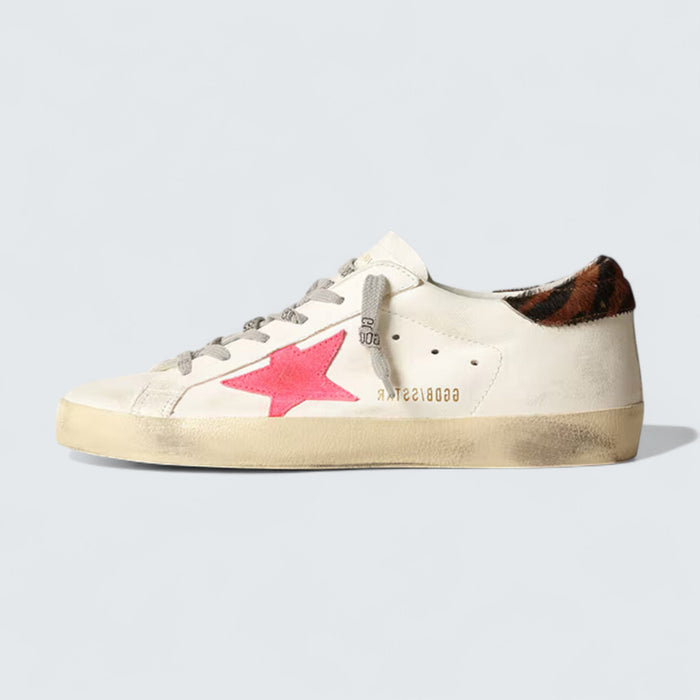 Golden Goose Super-Star 'White Leather with Pink Suede Star and Pony Skin Heel Tab'