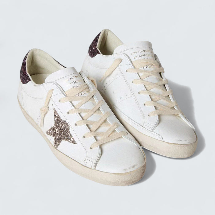 Golden Goose Super-Star 'White Leather with Silver Glitter Star and Lilac Glitter Heel Tab'