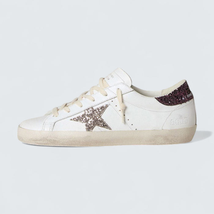 Golden Goose Super-Star 'White Leather with Silver Glitter Star and Lilac Glitter Heel Tab'