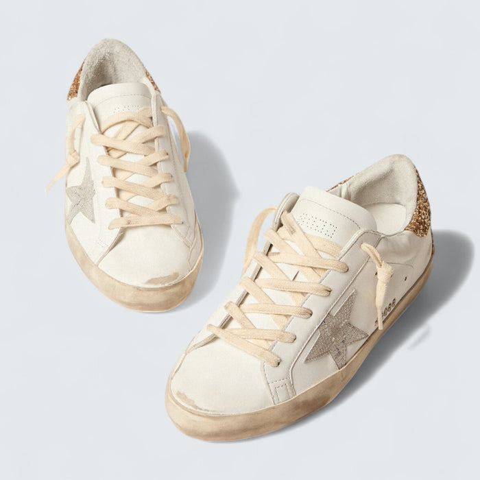 Golden Goose Super-Star 'Snake-Print Silver Leather Star and Gold Glitter Heel Tab'