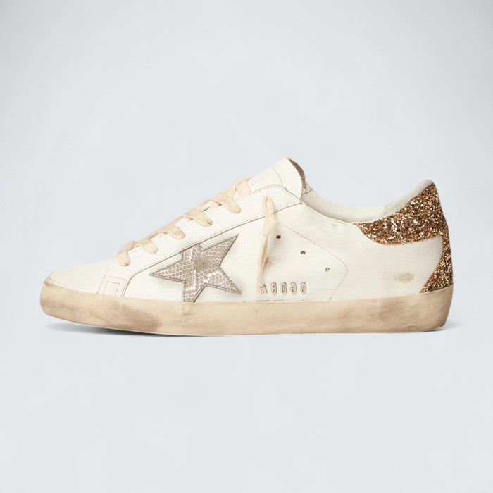 Golden Goose Super-Star 'Snake-Print Silver Leather Star and Gold Glitter Heel Tab'