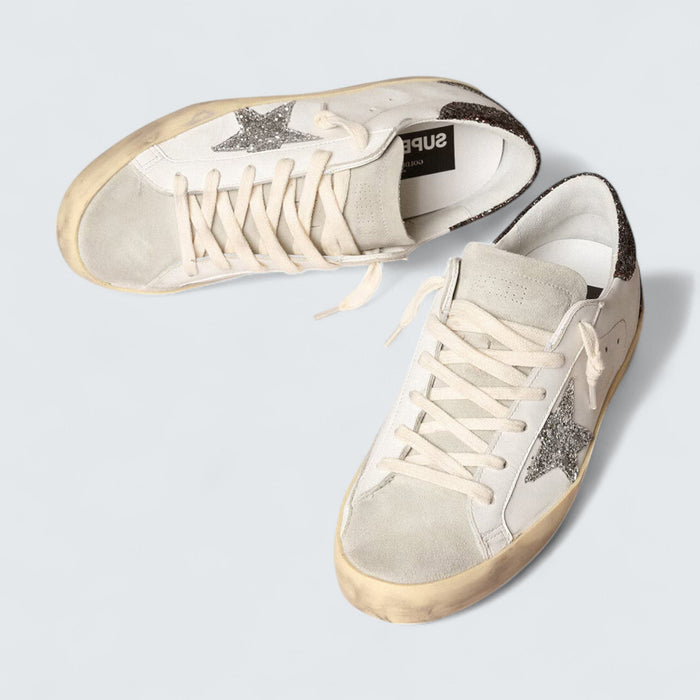 Golden Goose Super-Star 'Silver Star and Brown Glitter Heel Tab'